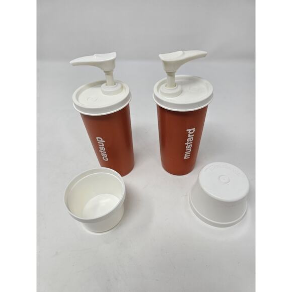 Vintage Tupperware 1329-15 Catsup & Mustard Orange Containers With Pump And Lids - Picture 2 of 4